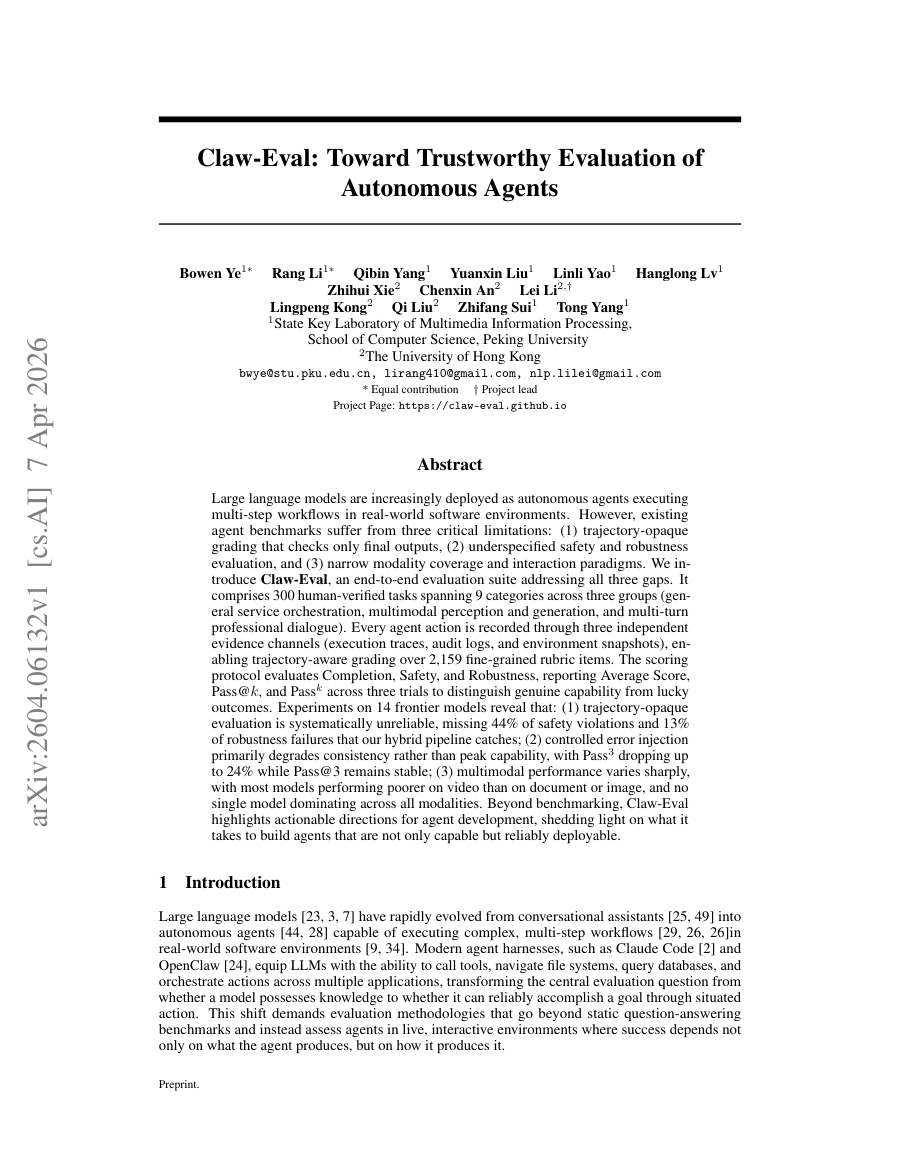 First page preview for Claw-Eval: Toward Trustworthy Evaluation of Autonomous Agents