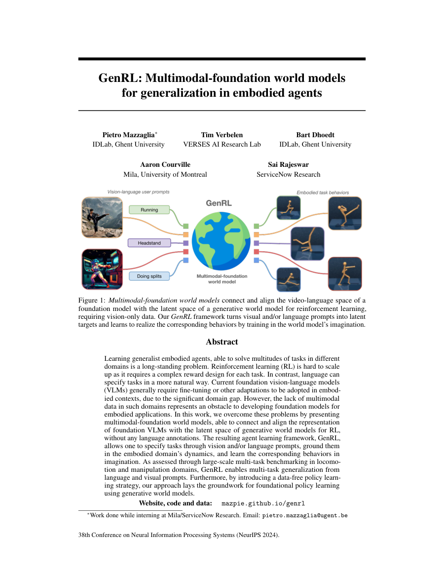 First page preview for GenRL: Multimodal-foundation world models for generalization in embodied agents