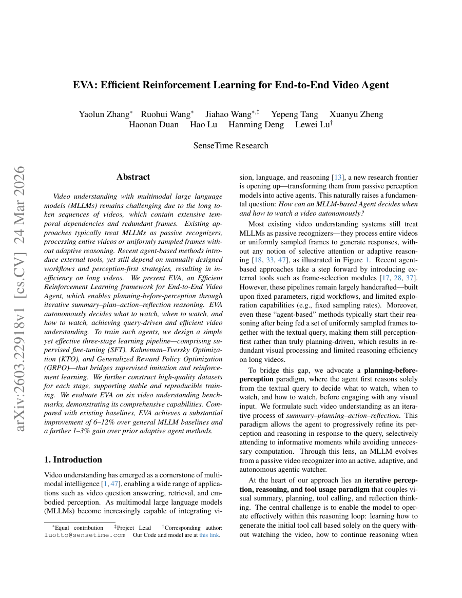 First page preview for EVA: Efficient Reinforcement Learning for End-to-End Video Agent