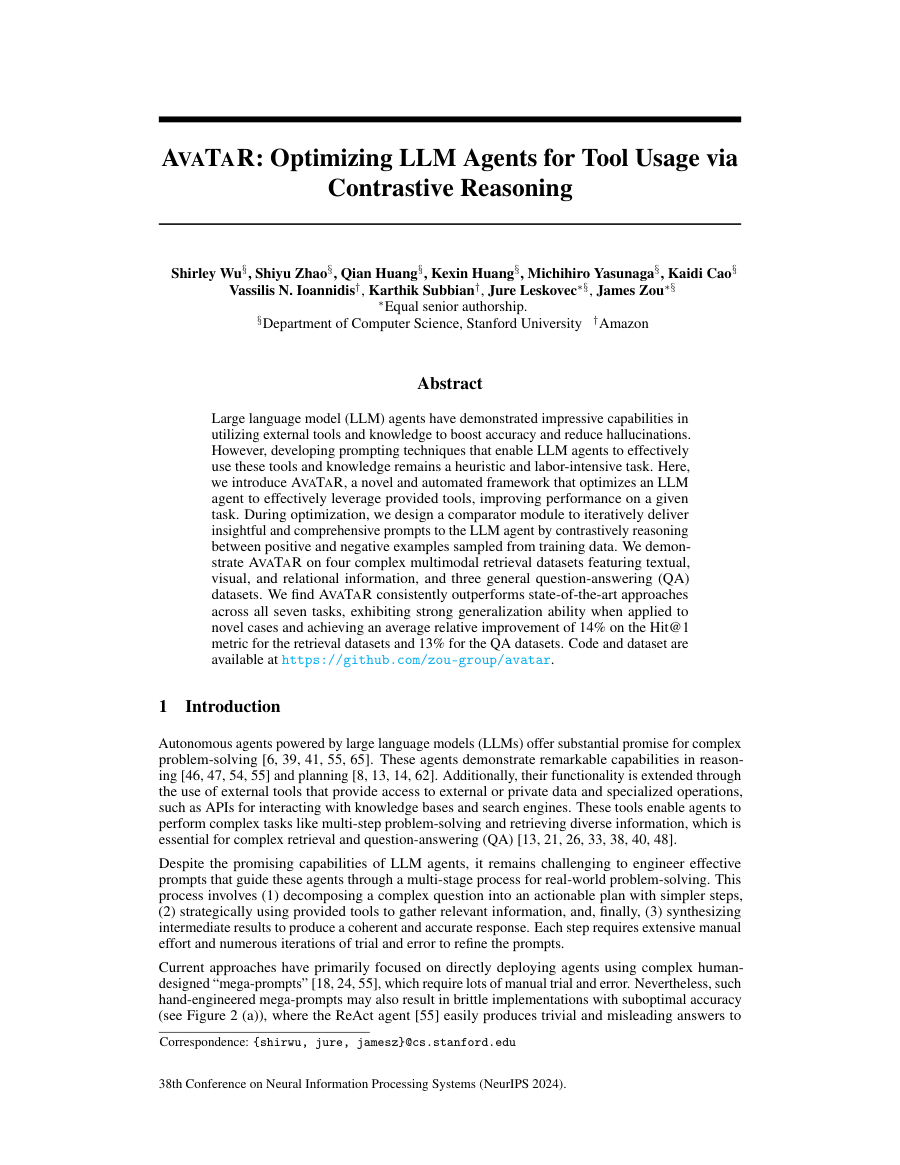First page preview for AvaTaR: Optimizing LLM Agents for Tool Usage via Contrastive Reasoning