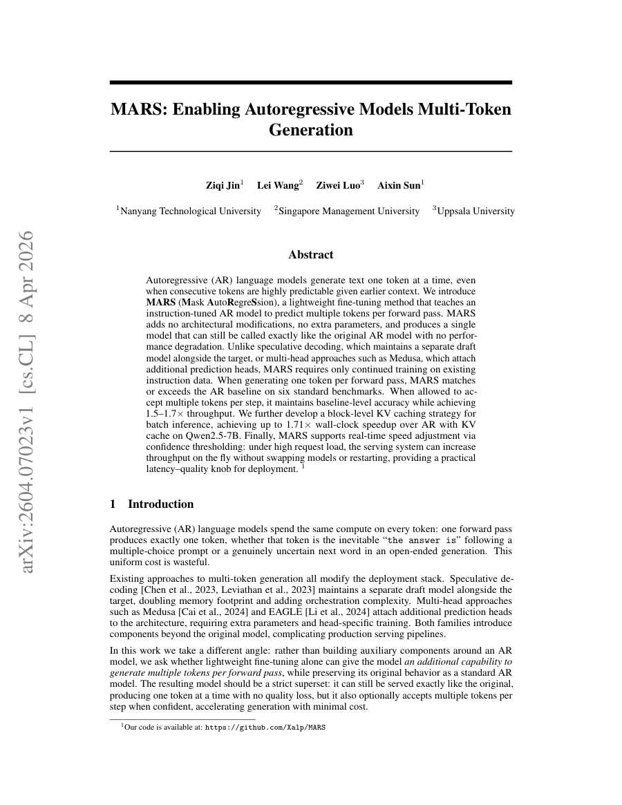 First page preview for MARS: Enabling Autoregressive Models Multi-Token Generation