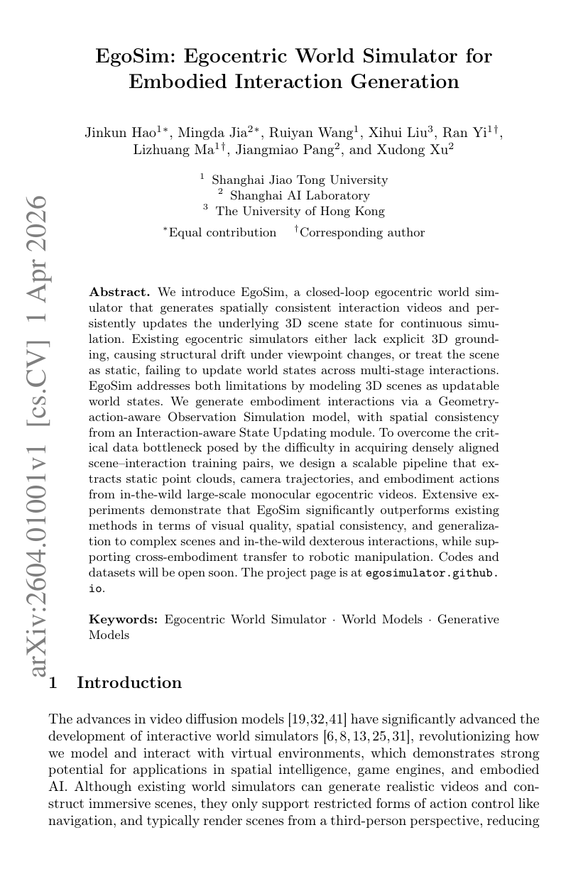 First page preview for EgoSim: Egocentric World Simulator for Embodied Interaction Generation