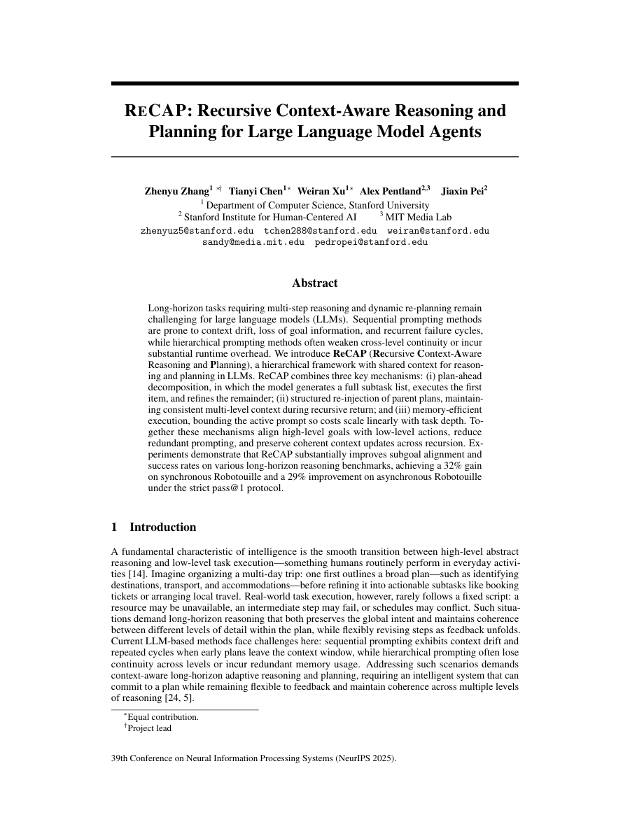 First page preview for ReCAP: Recursive Context-Aware Reasoning and Planning for Large Language Model Agents