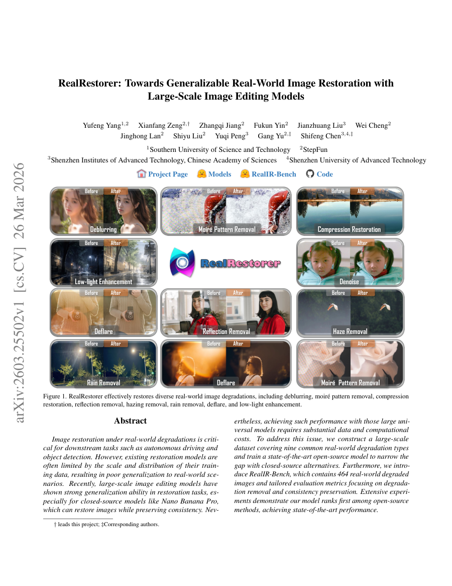 First page preview for RealRestorer: Towards Generalizable Real-World Image Restoration with Large-Scale Image Editing Models