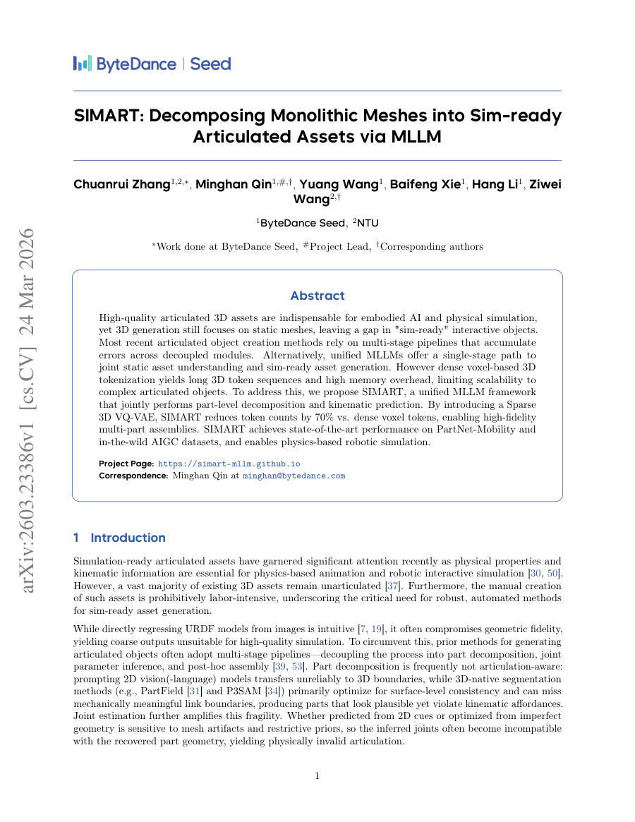 First page preview for SIMART: Decomposing Monolithic Meshes into Sim-ready Articulated Assets via MLLM