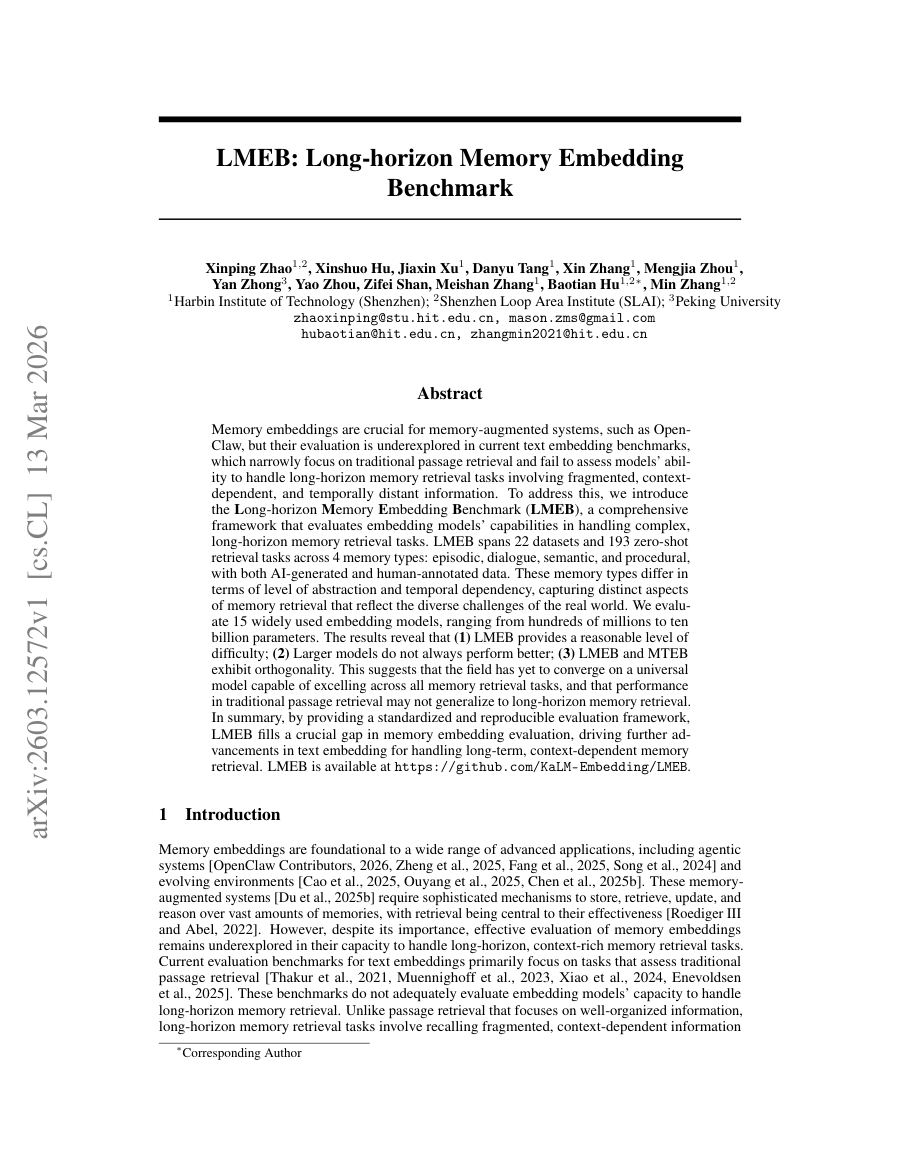First page preview for LMEB: Long-horizon Memory Embedding Benchmark