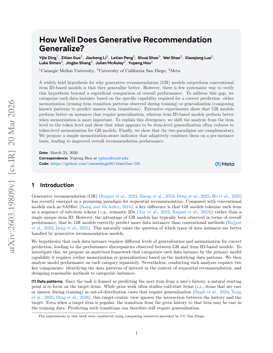 First page preview for How Well Does Generative Recommendation Generalize?