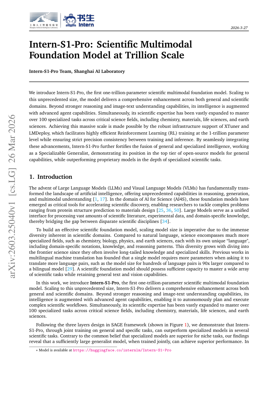 First page preview for Intern-S1-Pro: Scientific Multimodal Foundation Model at Trillion Scale