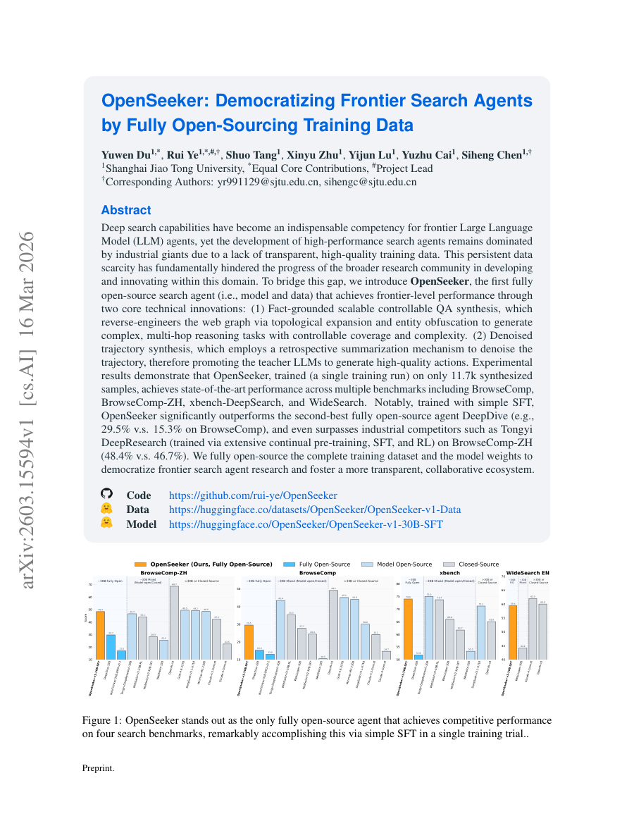 First page preview for OpenSeeker: Democratizing Frontier Search Agents by Fully Open-Sourcing Training Data