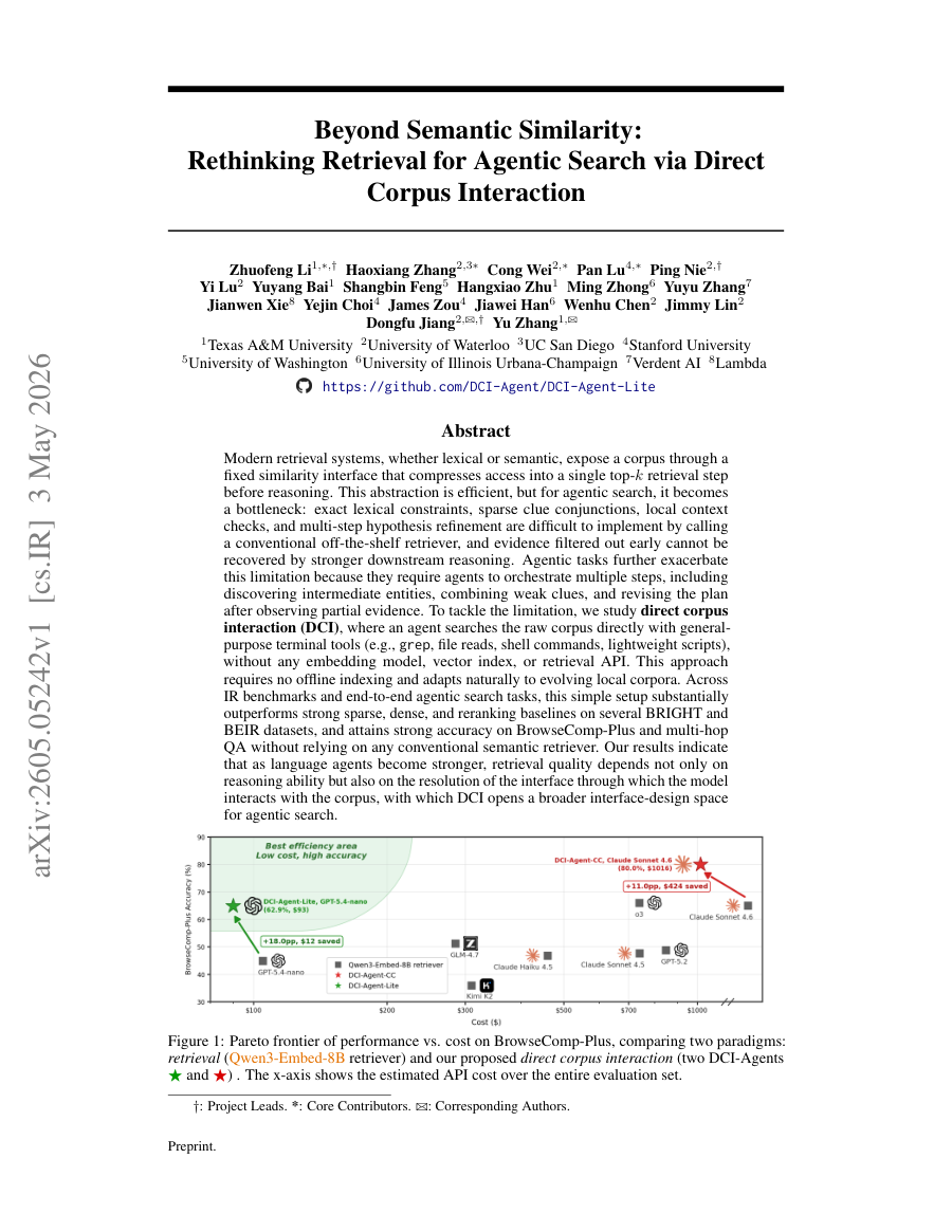 First page preview for Beyond Semantic Similarity: Rethinking Retrieval for Agentic Search via Direct Corpus Interaction