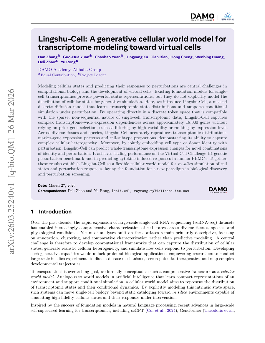 First page preview for Lingshu-Cell: A generative cellular world model for transcriptome modeling toward virtual cells