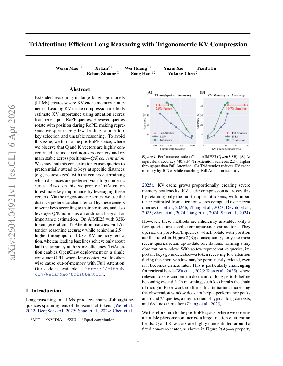 First page preview for TriAttention: Efficient Long Reasoning with Trigonometric KV Compression