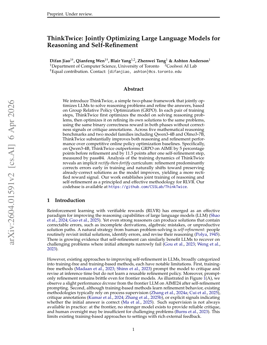 First page preview for ThinkTwice: Jointly Optimizing Large Language Models for Reasoning and Self-Refinement