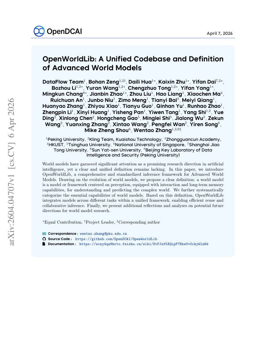 First page preview for OpenWorldLib: A Unified Codebase and Definition of Advanced World Models