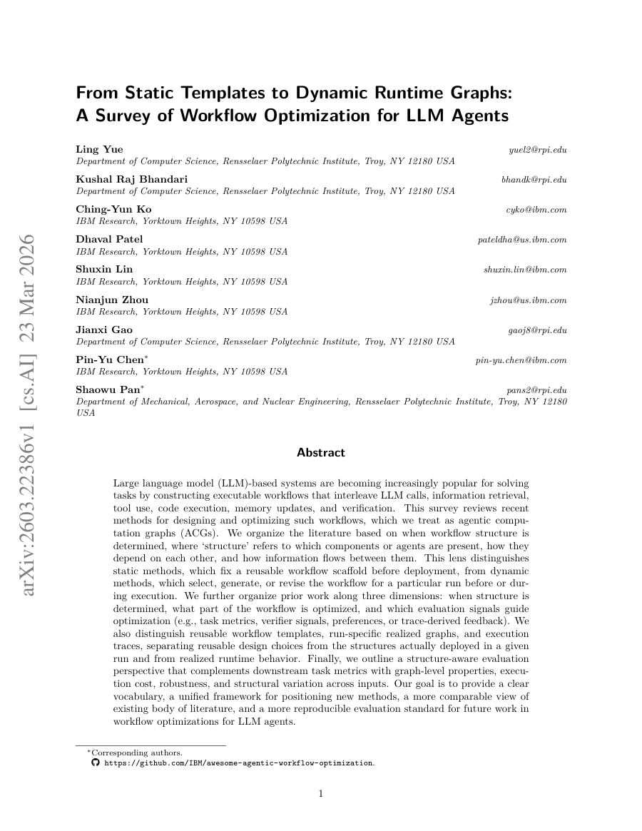 First page preview for From Static Templates to Dynamic Runtime Graphs: A Survey of Workflow Optimization for LLM Agents