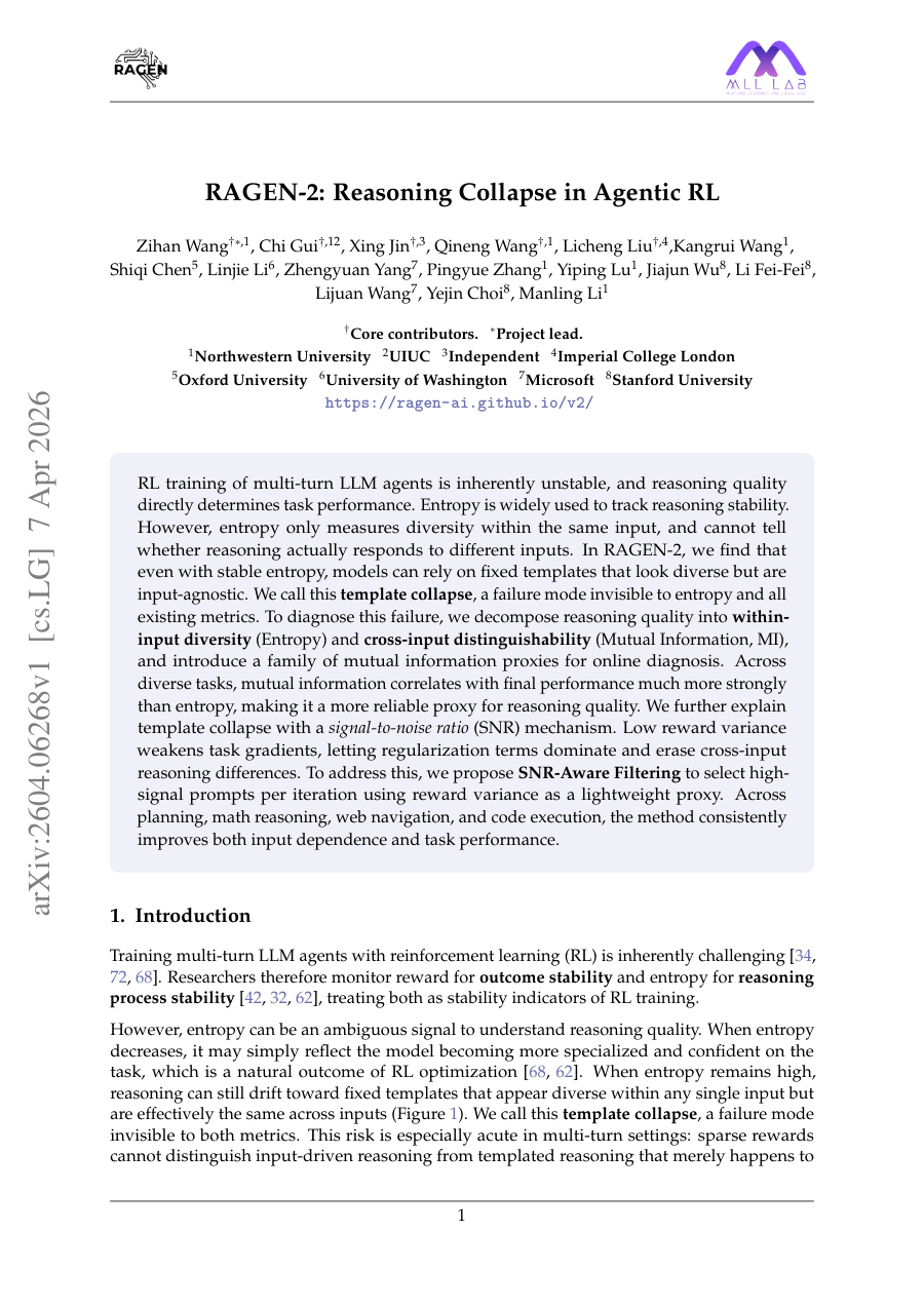 First page preview for RAGEN-2: Reasoning Collapse in Agentic RL