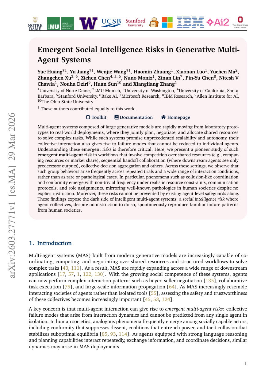 First page preview for Emergent Social Intelligence Risks in Generative Multi-Agent Systems