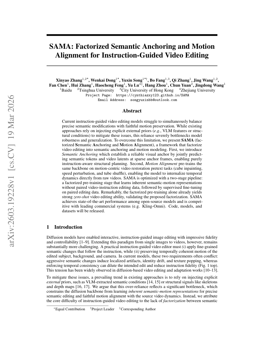 First page preview for SAMA: Factorized Semantic Anchoring and Motion Alignment for Instruction-Guided Video Editing