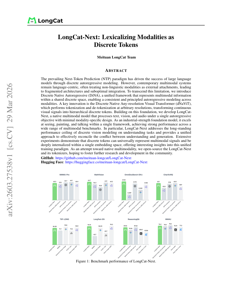 First page preview for LongCat-Next: Lexicalizing Modalities as Discrete Tokens