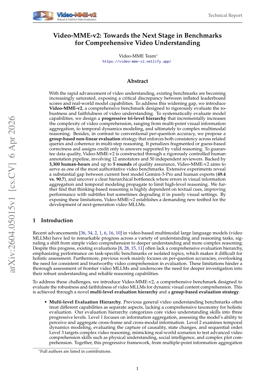 First page preview for Video-MME-v2: Towards the Next Stage in Benchmarks for Comprehensive Video Understanding