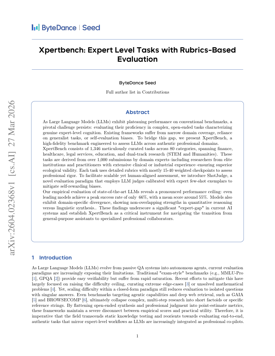 First page preview for Xpertbench: Expert Level Tasks with Rubrics-Based Evaluation
