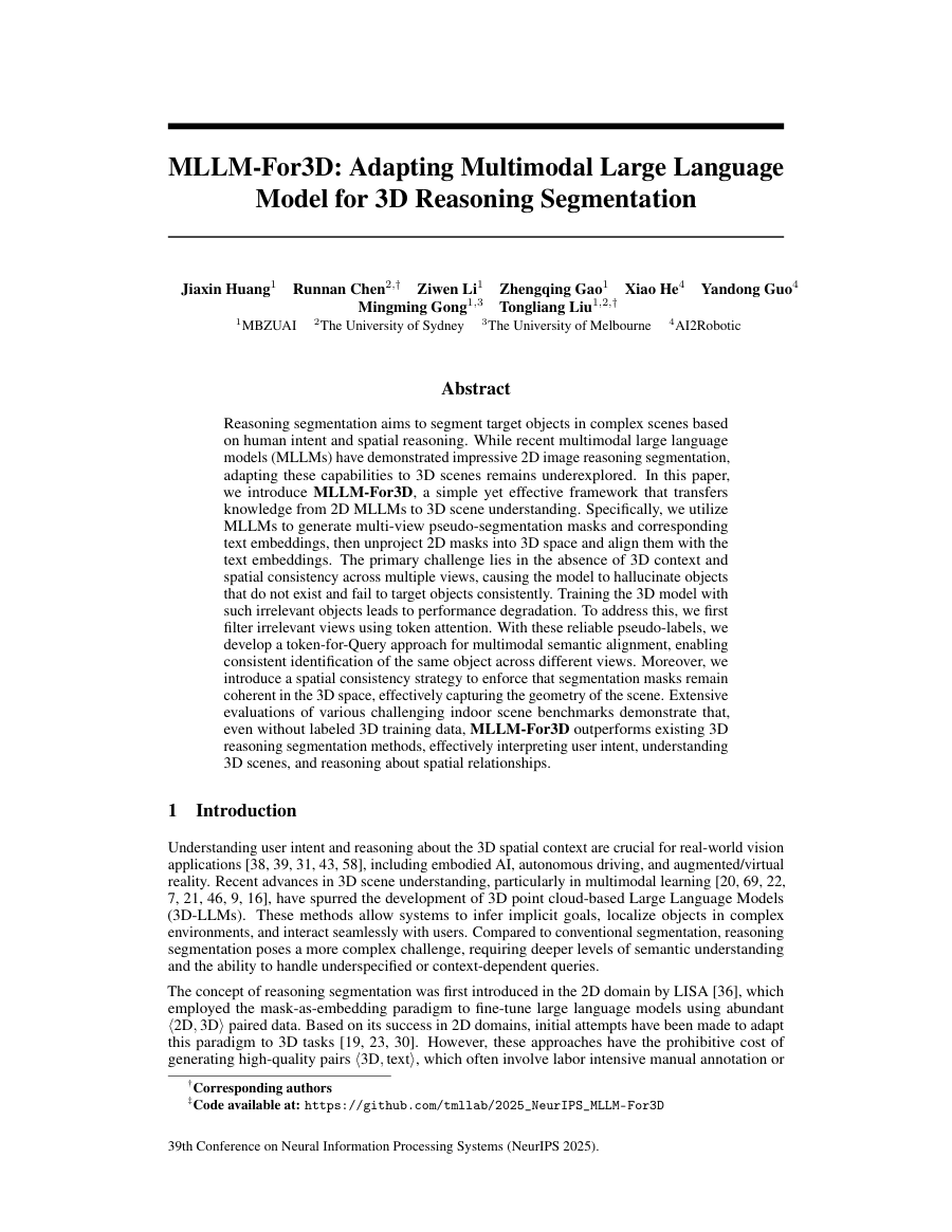 First page preview for MLLM-For3D: Adapting Multimodal Large Language Model for 3D Reasoning Segmentation