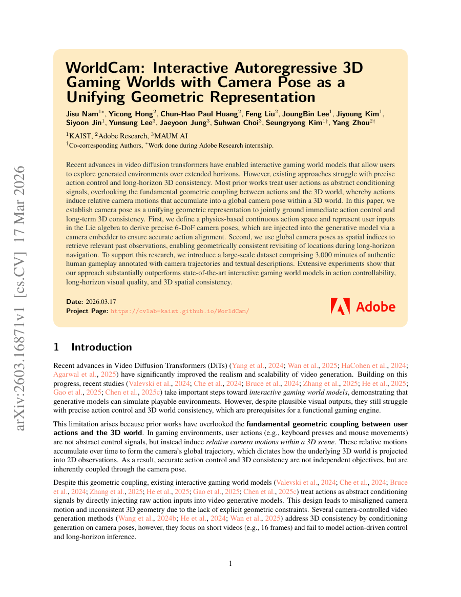 First page preview for WorldCam: Interactive Autoregressive 3D Gaming Worlds with Camera Pose as a Unifying Geometric Representation