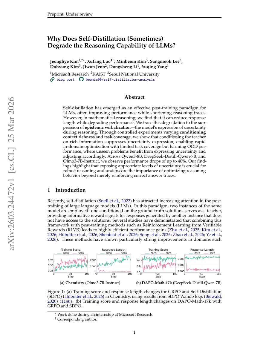 First page preview for Why Does Self-Distillation (Sometimes) Degrade the Reasoning Capability of LLMs?