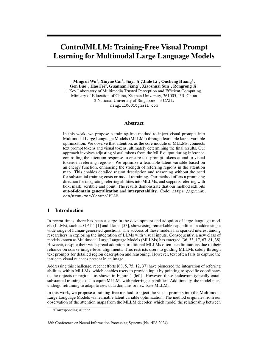 First page preview for ControlMLLM: Training-Free Visual Prompt Learning for Multimodal Large Language Models