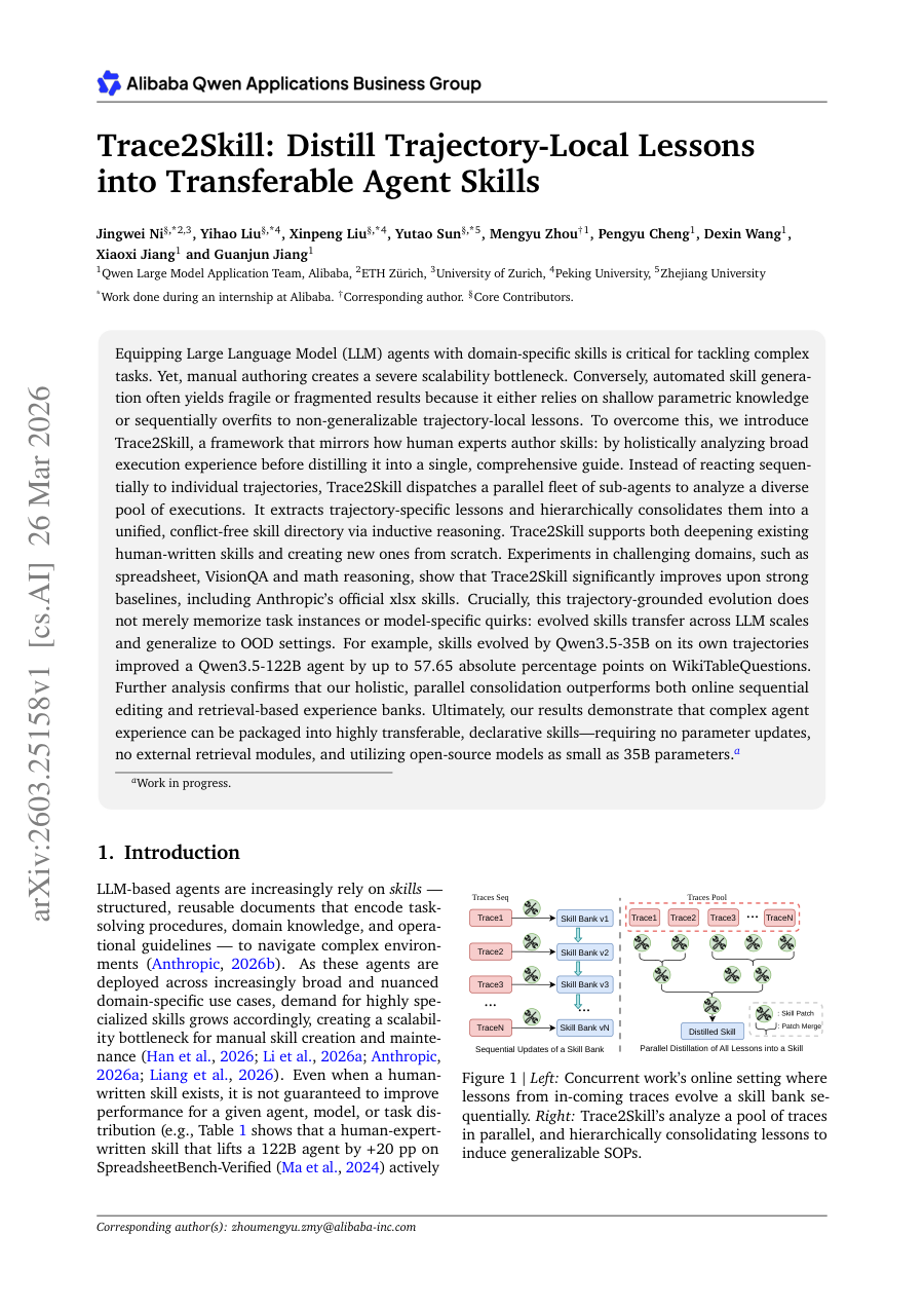 First page preview for Trace2Skill: Distill Trajectory-Local Lessons into Transferable Agent Skills