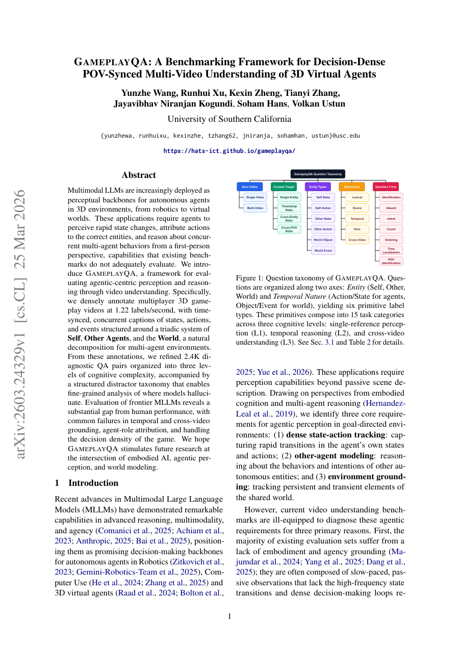 First page preview for GameplayQA: A Benchmarking Framework for Decision-Dense POV-Synced Multi-Video Understanding of 3D Virtual Agents