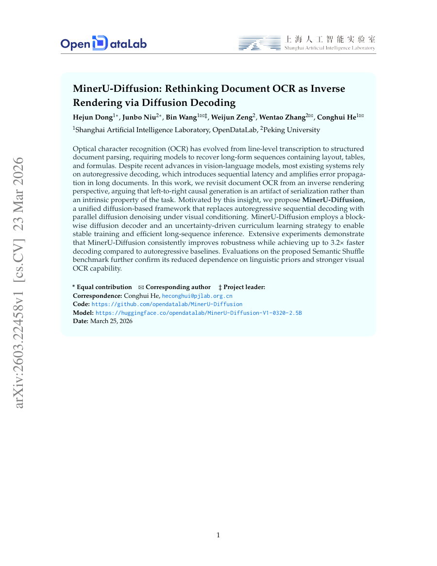 First page preview for MinerU-Diffusion: Rethinking Document OCR as Inverse Rendering via Diffusion Decoding