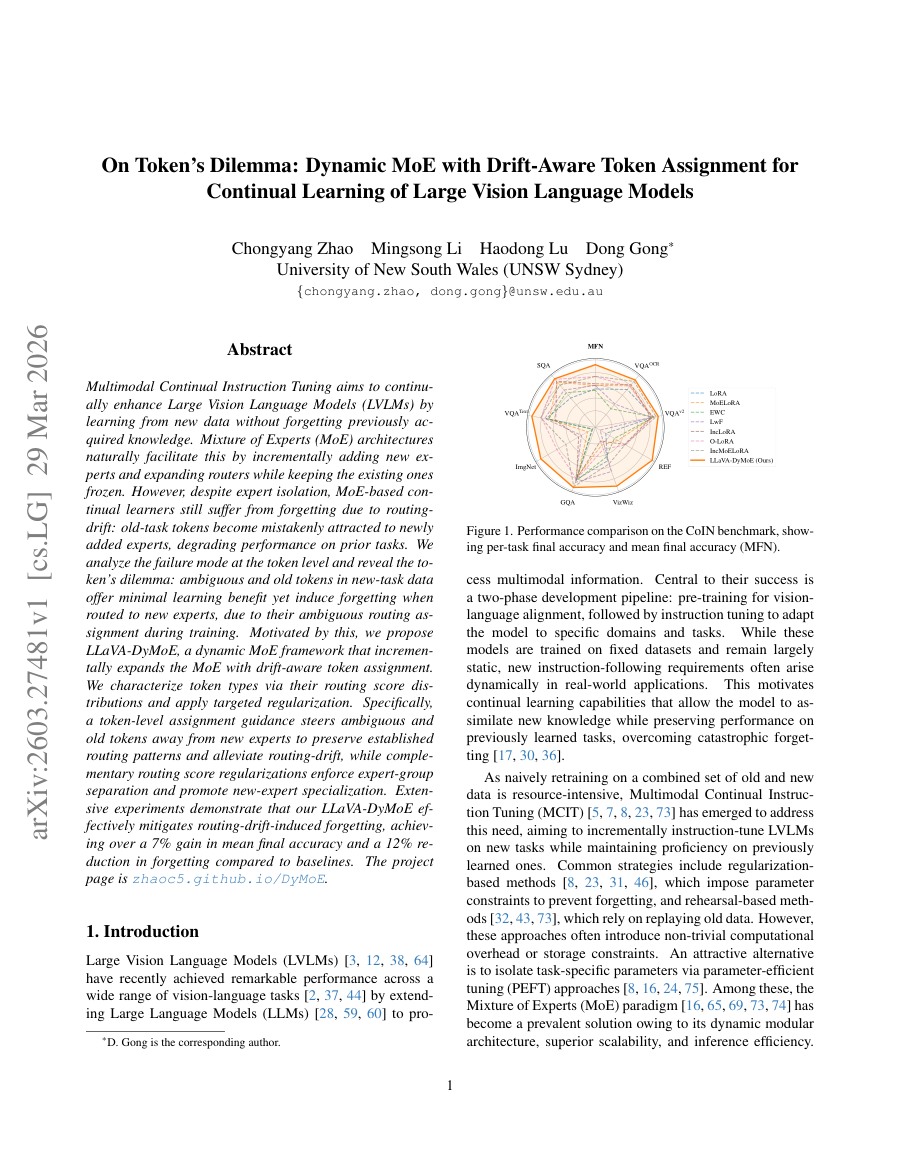 First page preview for On Token's Dilemma: Dynamic MoE with Drift-Aware Token Assignment for Continual Learning of Large Vision Language Models
