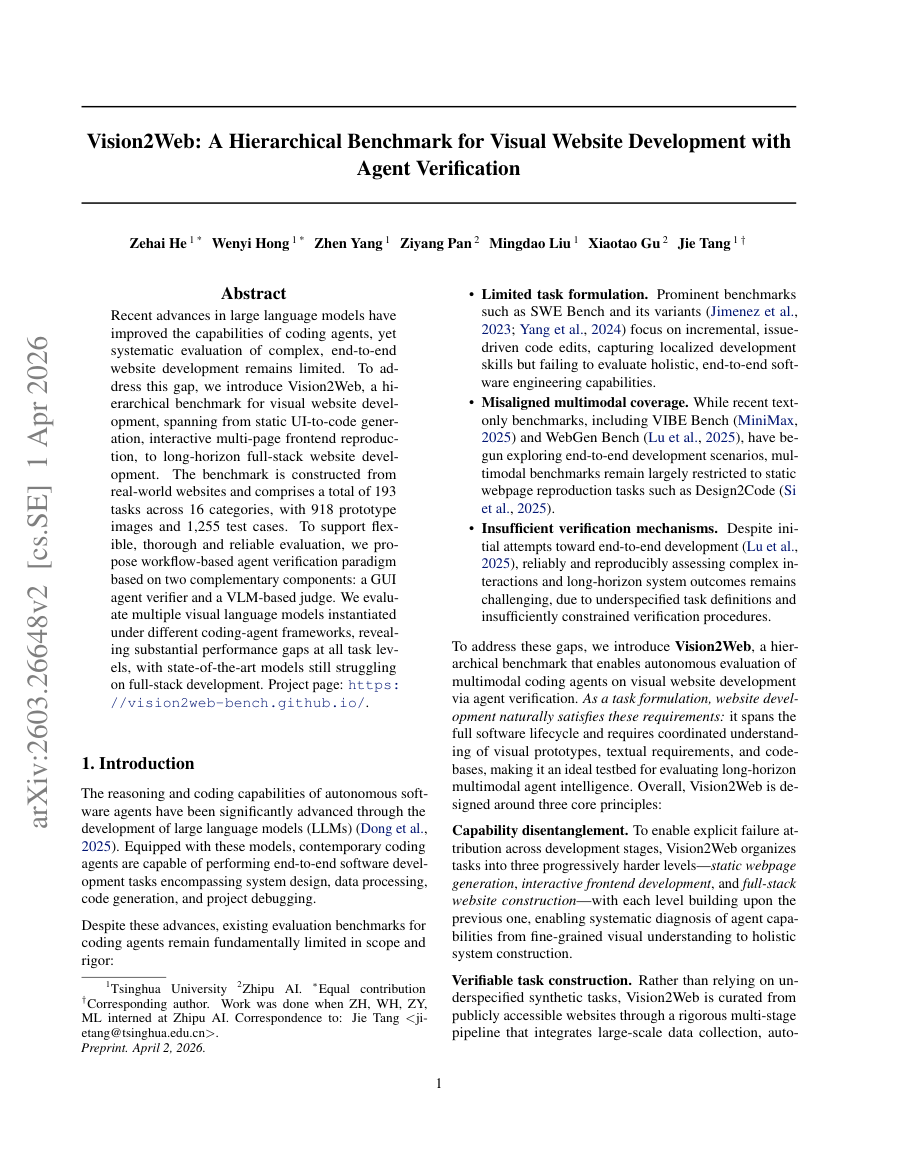 First page preview for Vision2Web: A Hierarchical Benchmark for Visual Website Development with Agent Verification