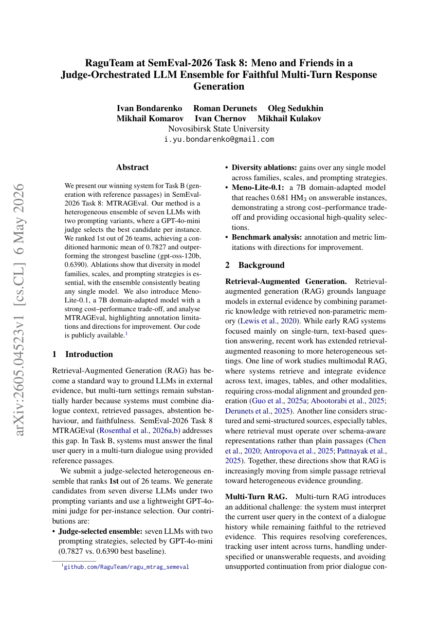 First page preview for RaguTeam at SemEval-2026 Task 8: Meno and Friends in a Judge-Orchestrated LLM Ensemble for Faithful Multi-Turn Response Generation