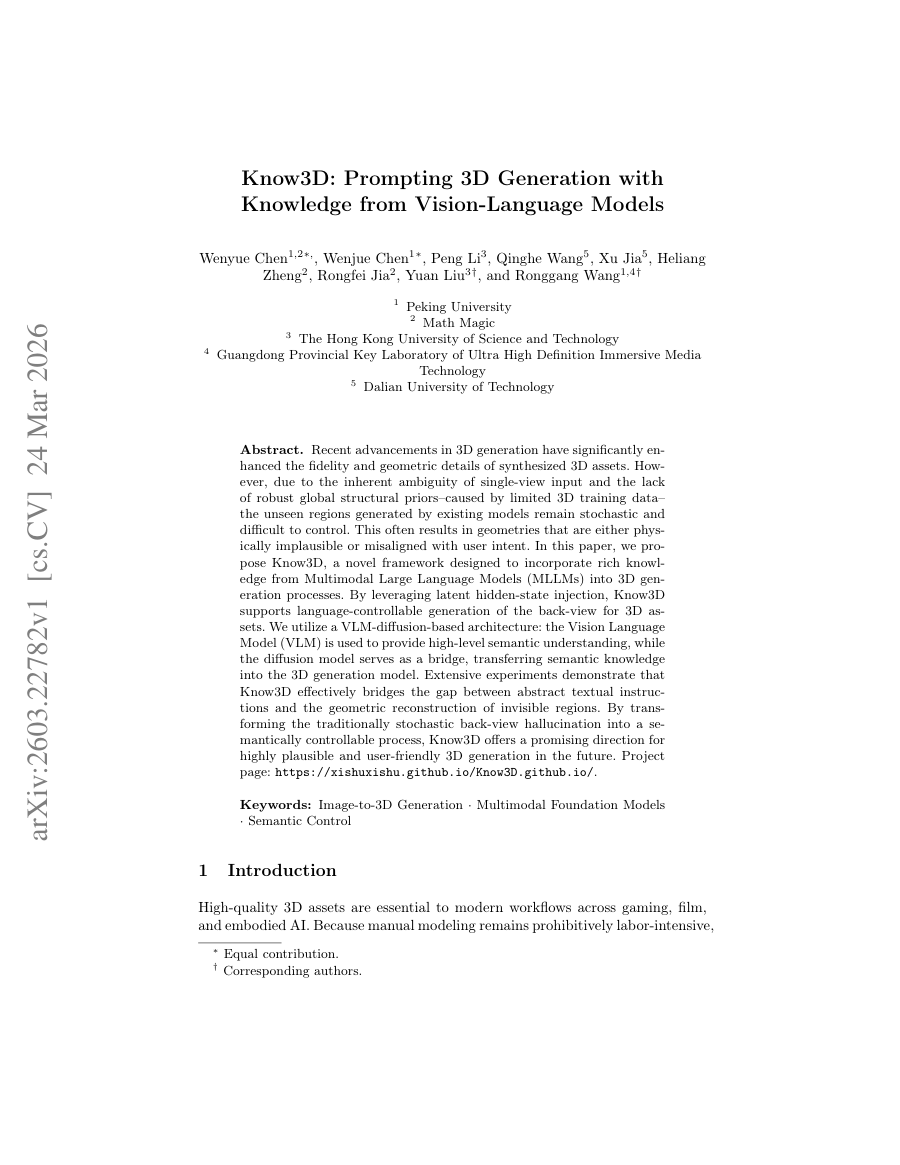 First page preview for Know3D: Prompting 3D Generation with Knowledge from Vision-Language Models
