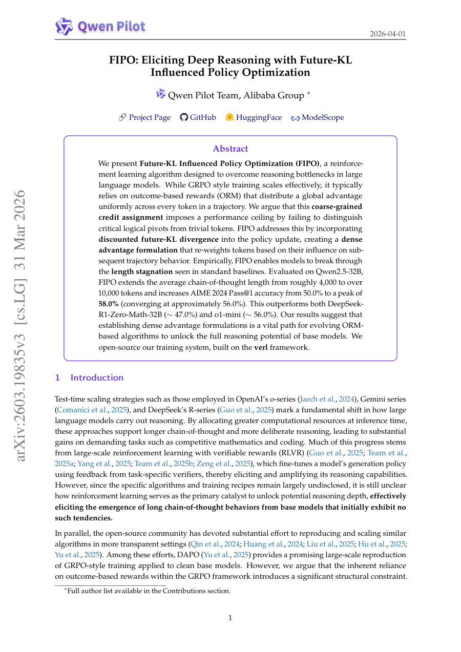 First page preview for FIPO: Eliciting Deep Reasoning with Future-KL Influenced Policy Optimization