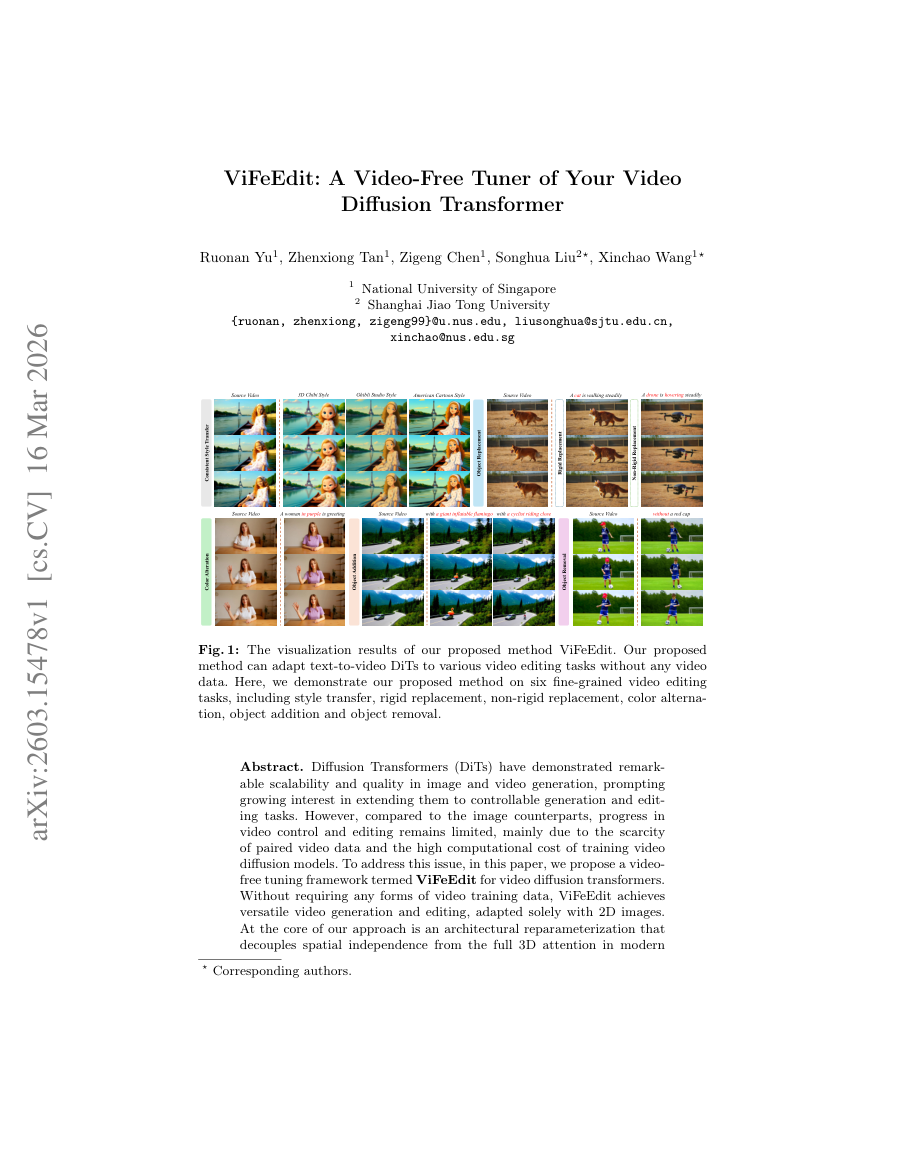 First page preview for ViFeEdit: A Video-Free Tuner of Your Video Diffusion Transformer