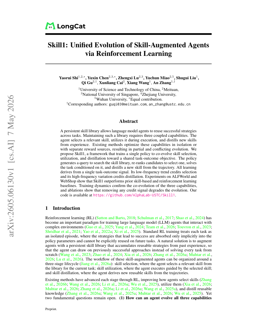 Skill1: Unified Evolution of Skill-Augmented Agents via Reinforcement Learning