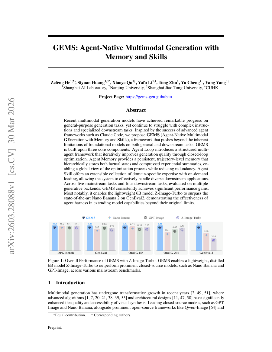 First page preview for GEMS: Agent-Native Multimodal Generation with Memory and Skills
