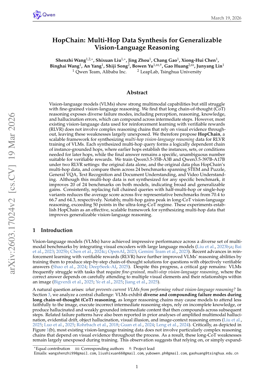 First page preview for HopChain: Multi-Hop Data Synthesis for Generalizable Vision-Language Reasoning