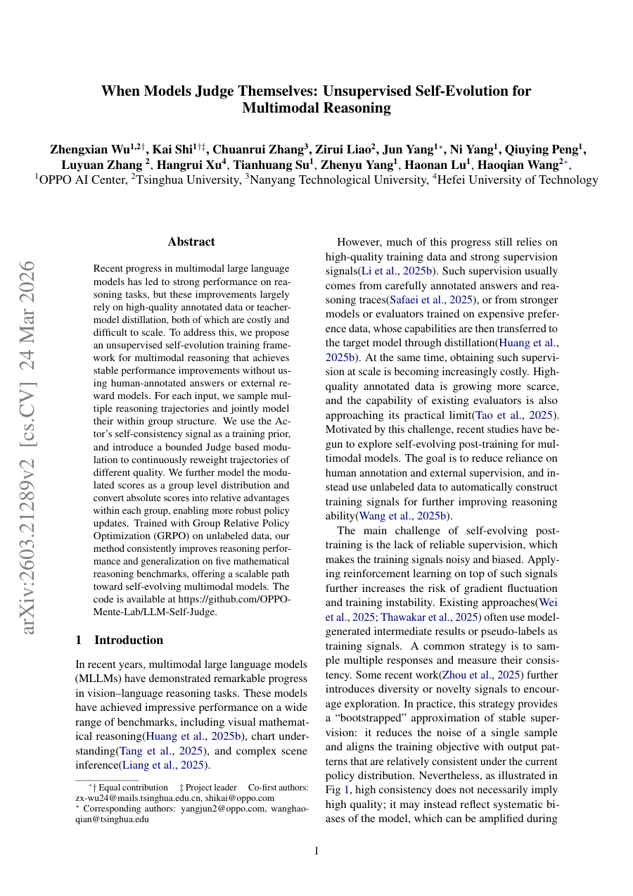 First page preview for When Models Judge Themselves: Unsupervised Self-Evolution for Multimodal Reasoning