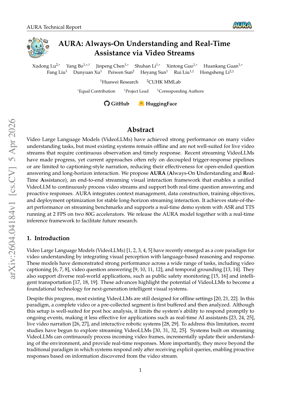 First page preview for AURA: Always-On Understanding and Real-Time Assistance via Video Streams