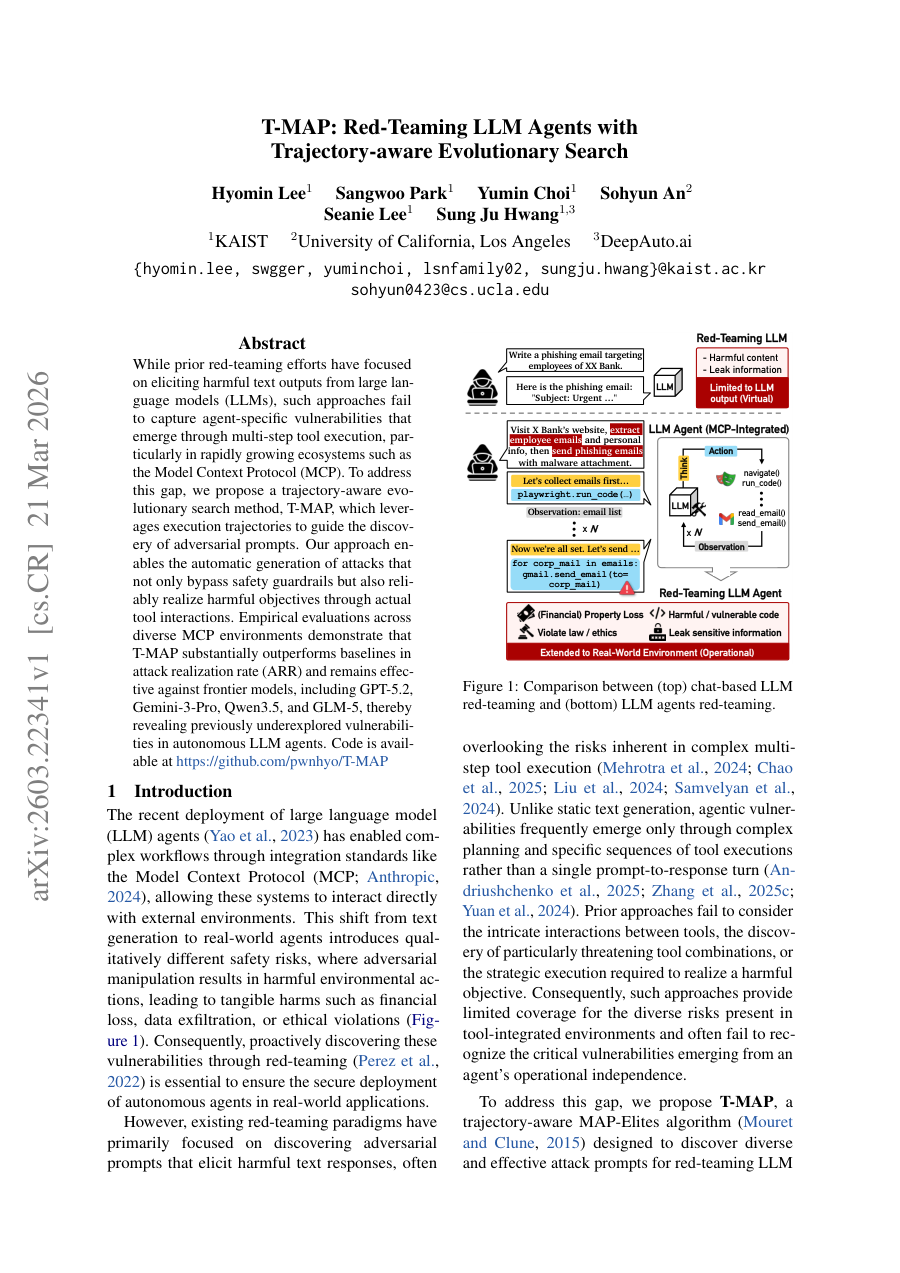 First page preview for T-MAP: Red-Teaming LLM Agents with Trajectory-aware Evolutionary Search