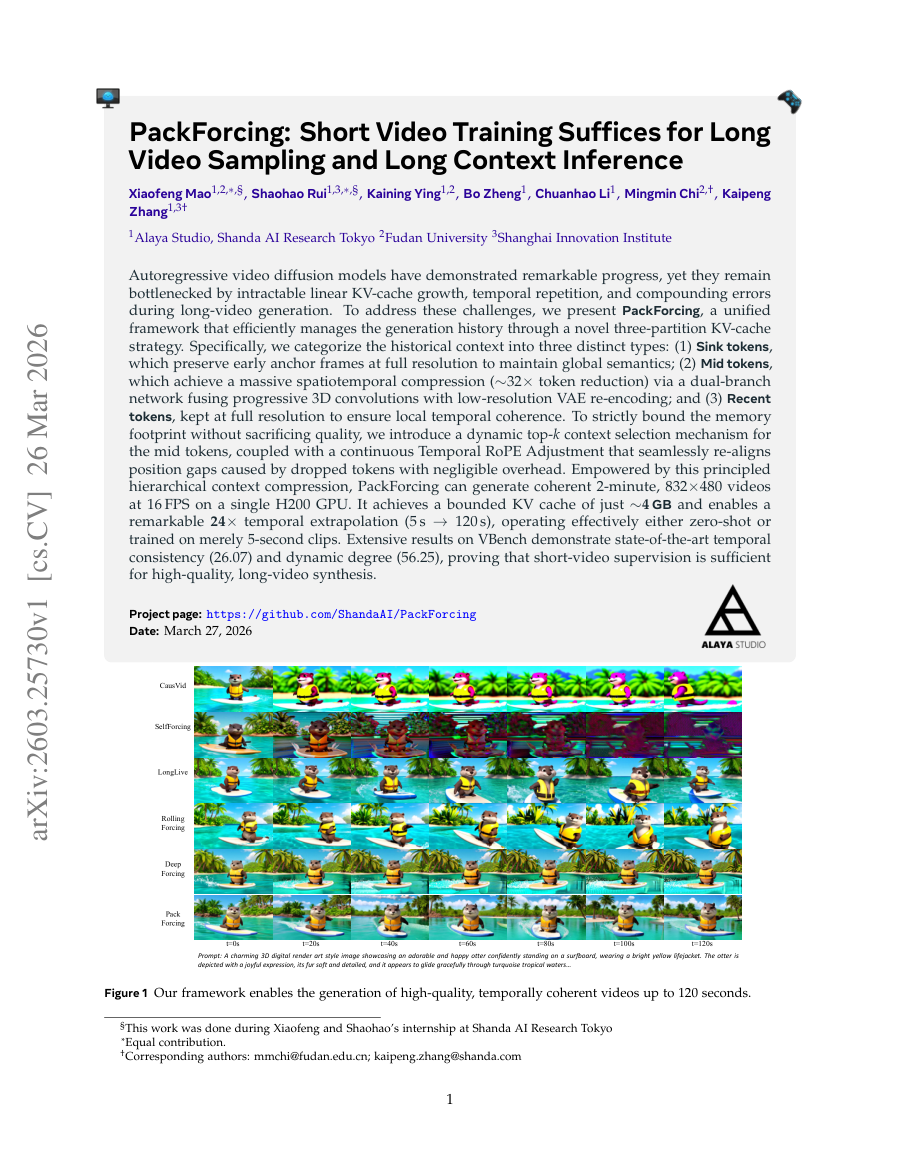 First page preview for PackForcing: Short Video Training Suffices for Long Video Sampling and Long Context Inference