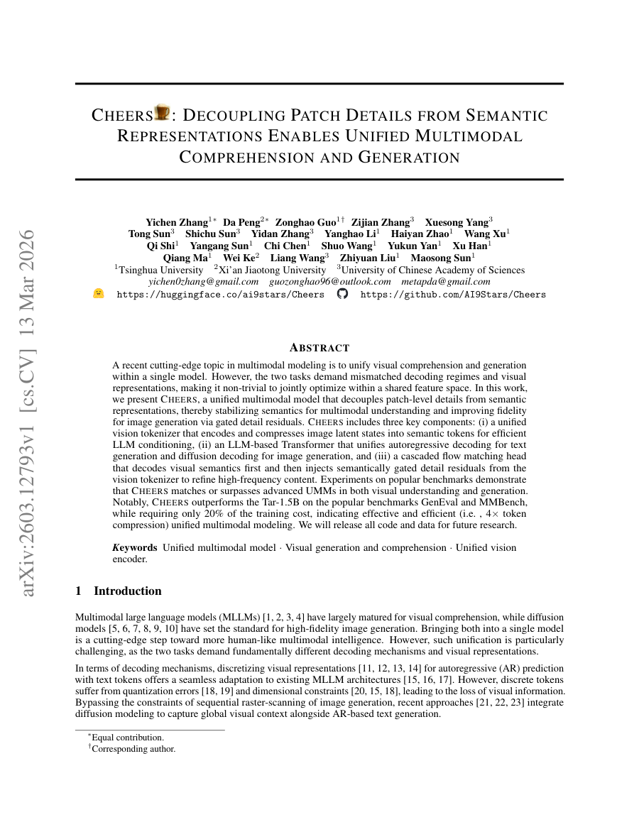 First page preview for Cheers: Decoupling Patch Details from Semantic Representations Enables Unified Multimodal Comprehension and Generation